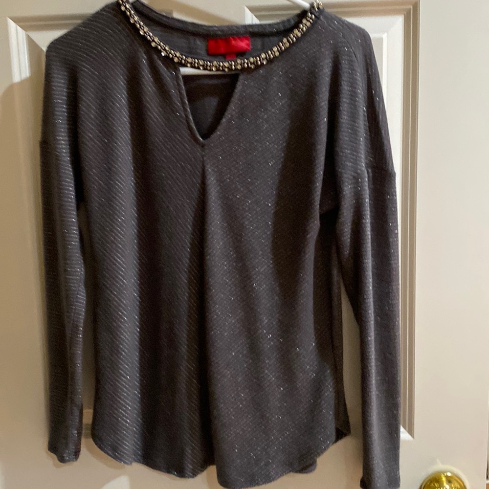 Jennifer Lopez  Gray with Silver thread long sleeve Top with Rhinestones at neck